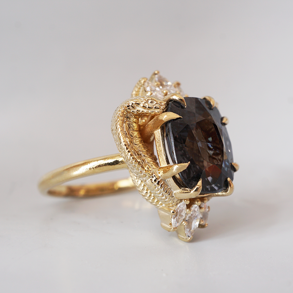 One Of A Kind: Metallic Black Spinel Cobra Diamond Ring in 14K and 18K Gold