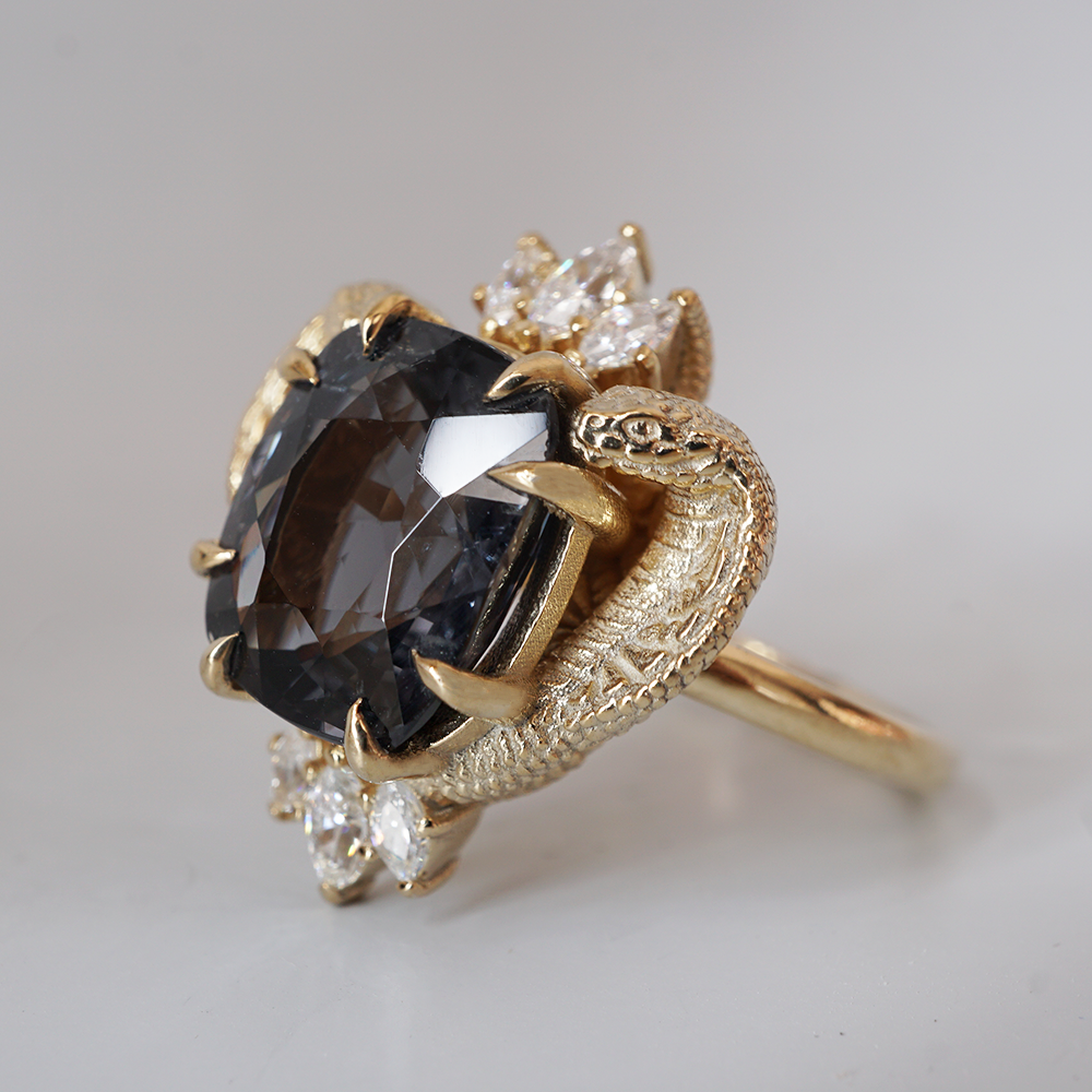 One Of A Kind: Metallic Black Spinel Cobra Diamond Ring in 14K and 18K Gold