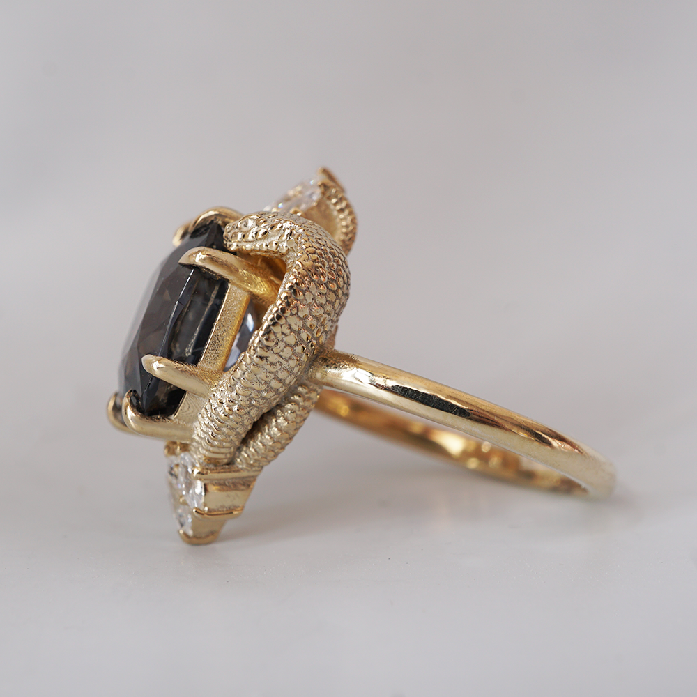 One Of A Kind: Metallic Black Spinel Cobra Diamond Ring in 14K and 18K Gold