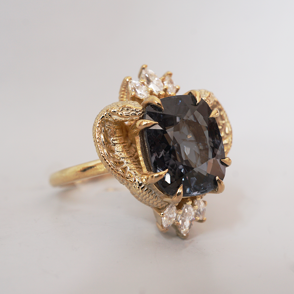 One Of A Kind: Metallic Black Spinel Cobra Diamond Ring in 14K and 18K Gold