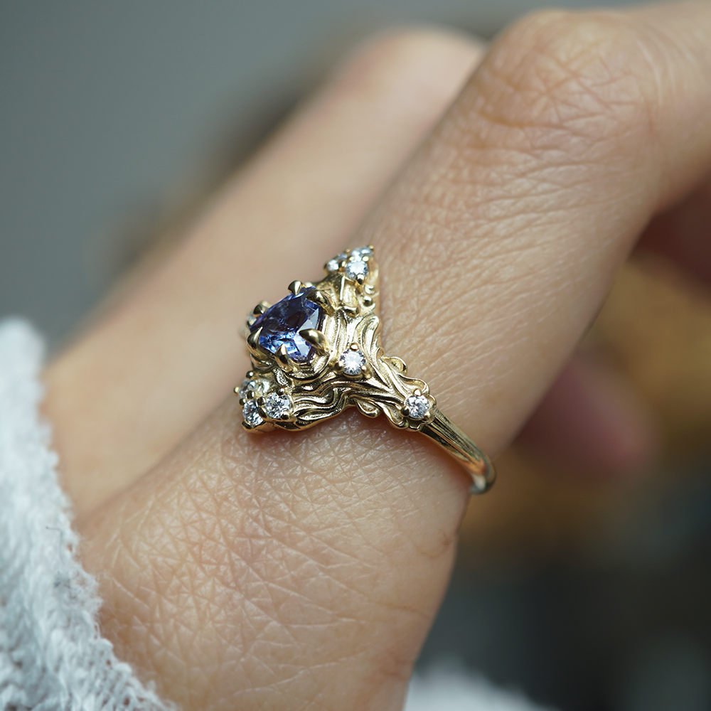 One Of A Kind: Trillion Tanzanite Nature Diamond Ring in 14K and 18K Gold