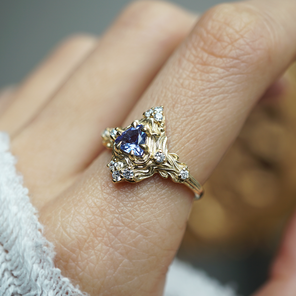 One Of A Kind: Trillion Tanzanite Nature Diamond Ring in 14K and 18K Gold