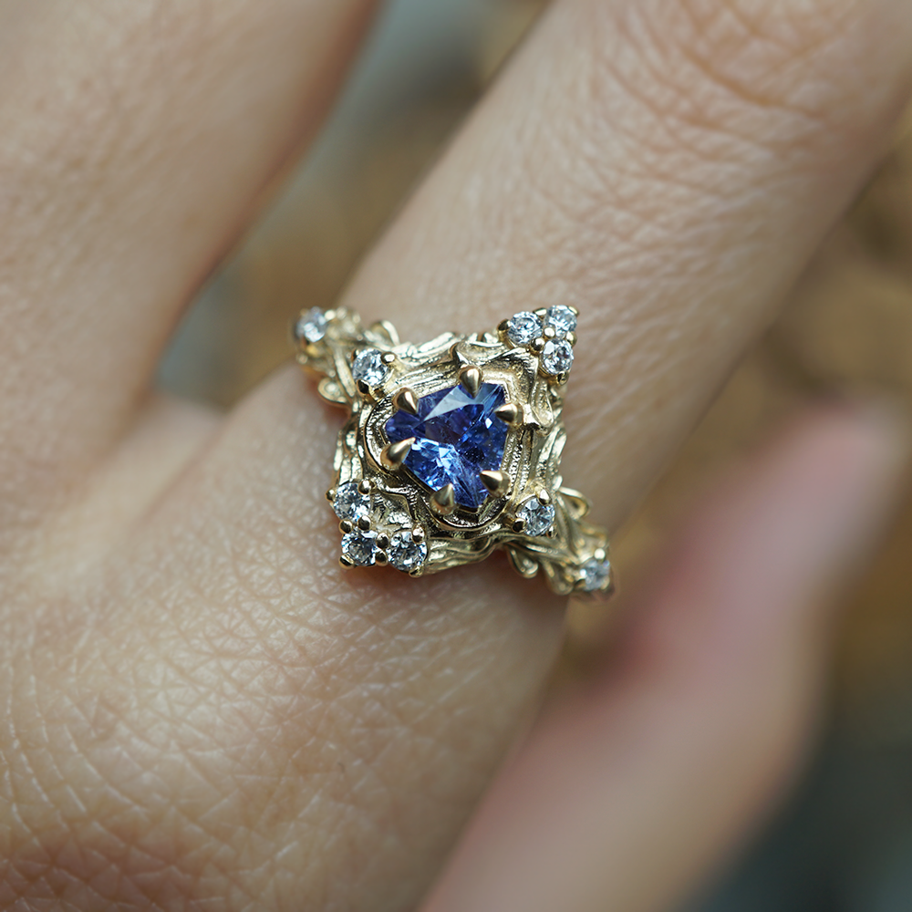 One Of A Kind: Trillion Tanzanite Nature Diamond Ring in 14K and 18K Gold