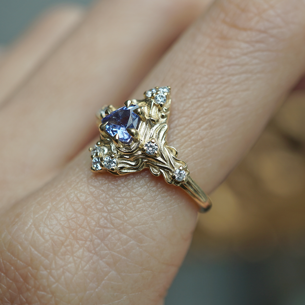 One Of A Kind: Trillion Tanzanite Nature Diamond Ring in 14K and 18K Gold