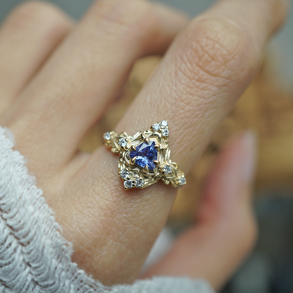 One Of A Kind: Trillion Tanzanite Nature Diamond Ring in 14K and 18K Gold