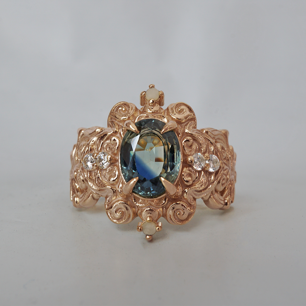 Limited Edition: Teal Sapphire Atlantis Pearl Diamond Ring in 14K and 18K Gold