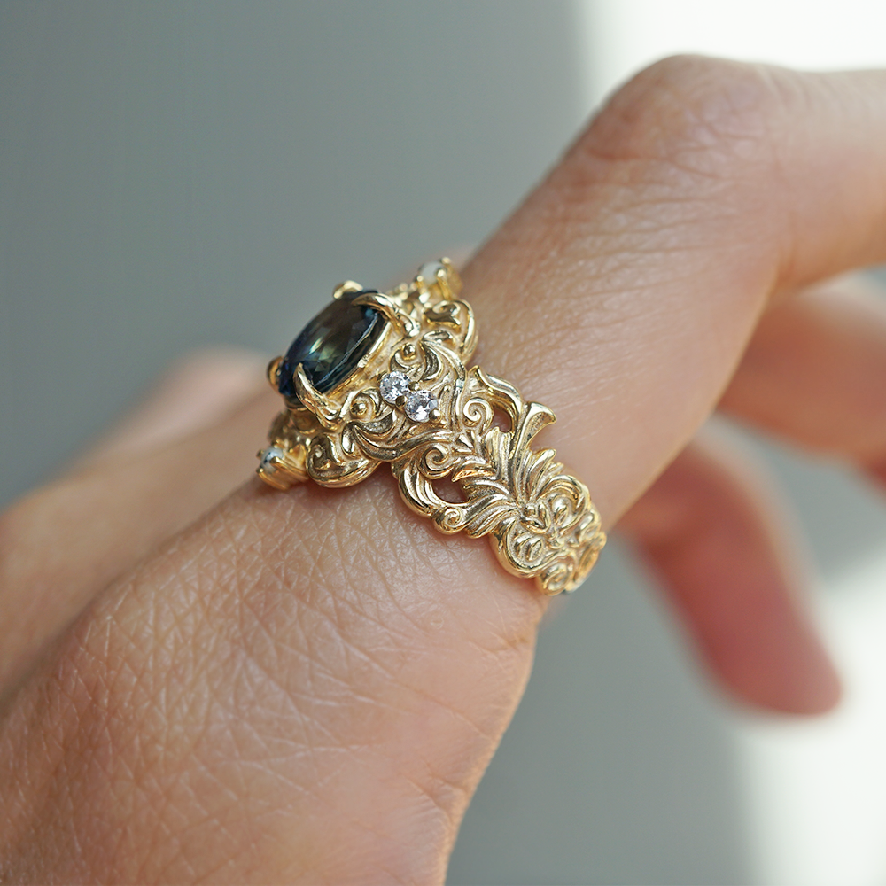 Limited Edition: Teal Sapphire Atlantis Pearl Diamond Ring in 14K and 18K Gold