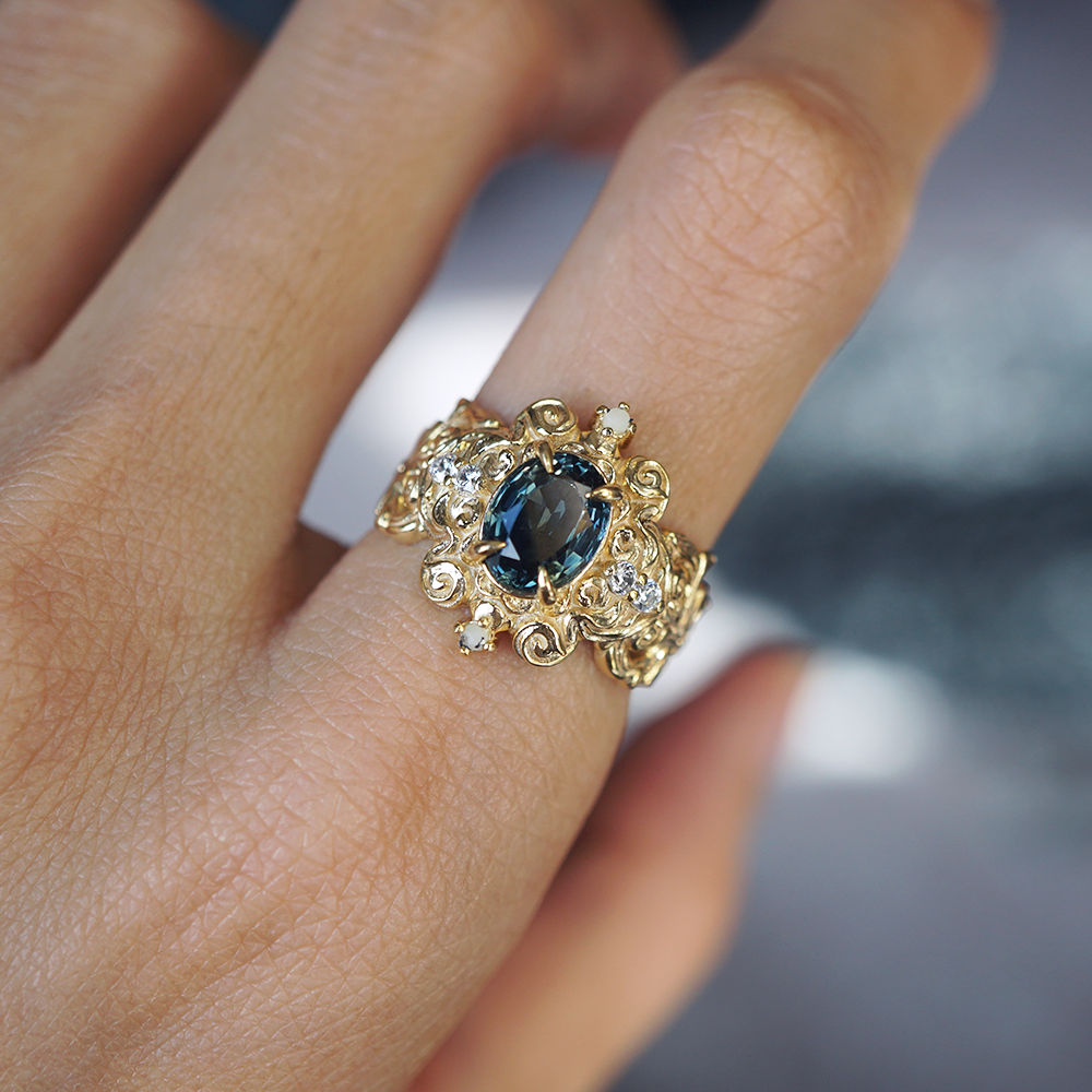 Limited Edition: Teal Sapphire Atlantis Pearl Diamond Ring in 14K and 18K Gold