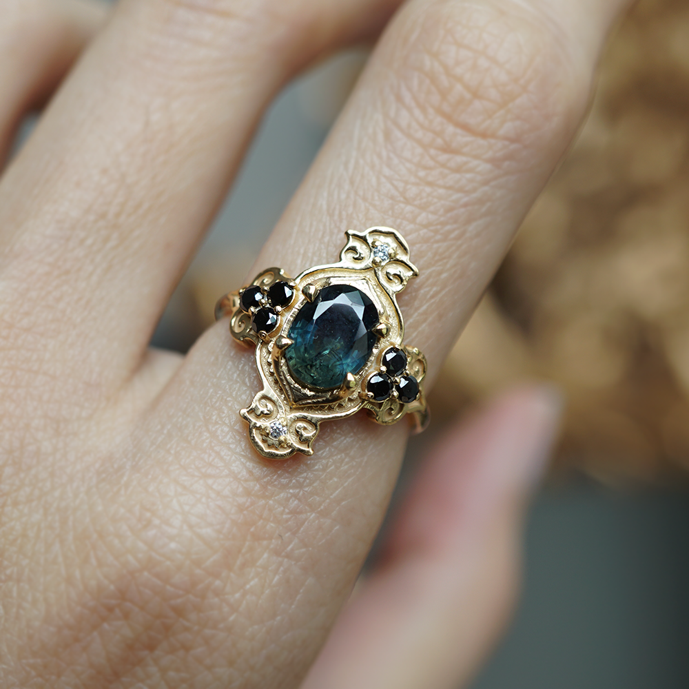 Limited Edition: Teal Sapphire Sands of Time Black Diamond Ring in 14K and 18K Gold