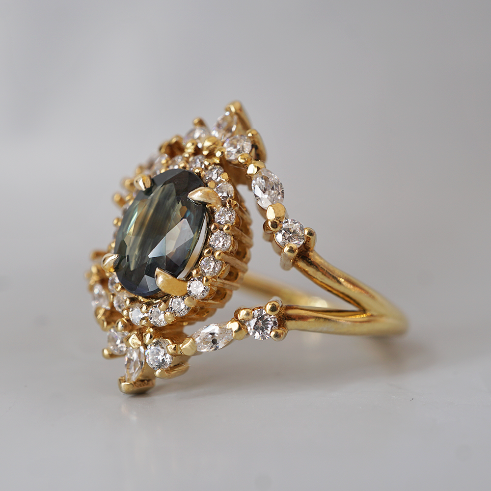 One Of A Kind: Teal Sapphire Ocean Diamond Ring in 14K and 18K Gold