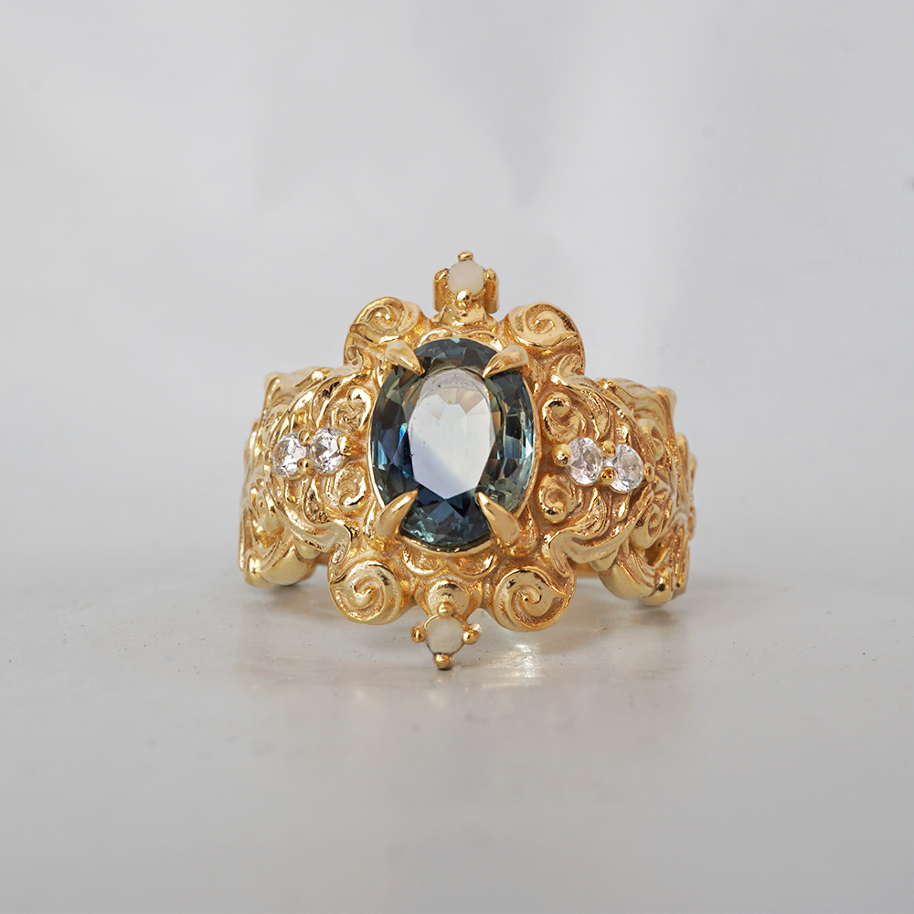 Limited Edition: Teal Sapphire Atlantis Pearl Diamond Ring in 14K and 18K Gold