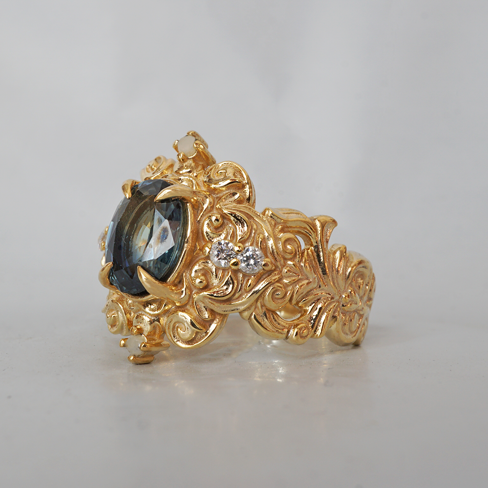 Limited Edition: Teal Sapphire Atlantis Pearl Diamond Ring in 14K and 18K Gold