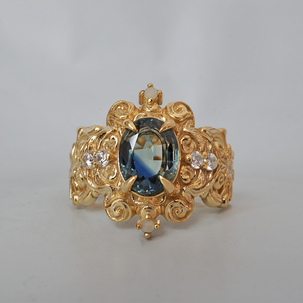 Limited Edition: Teal Sapphire Atlantis Pearl Diamond Ring in 14K and 18K Gold