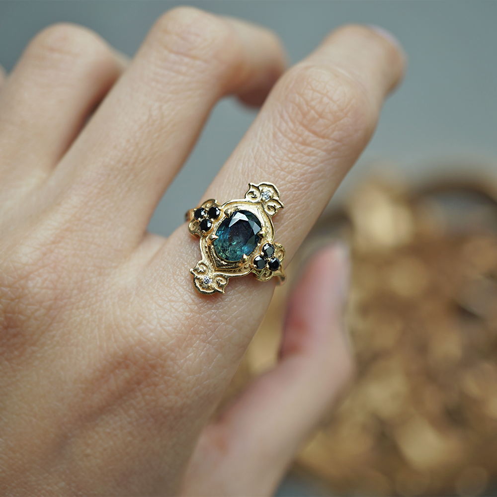 Limited Edition: Teal Sapphire Sands of Time Black Diamond Ring in 14K and 18K Gold