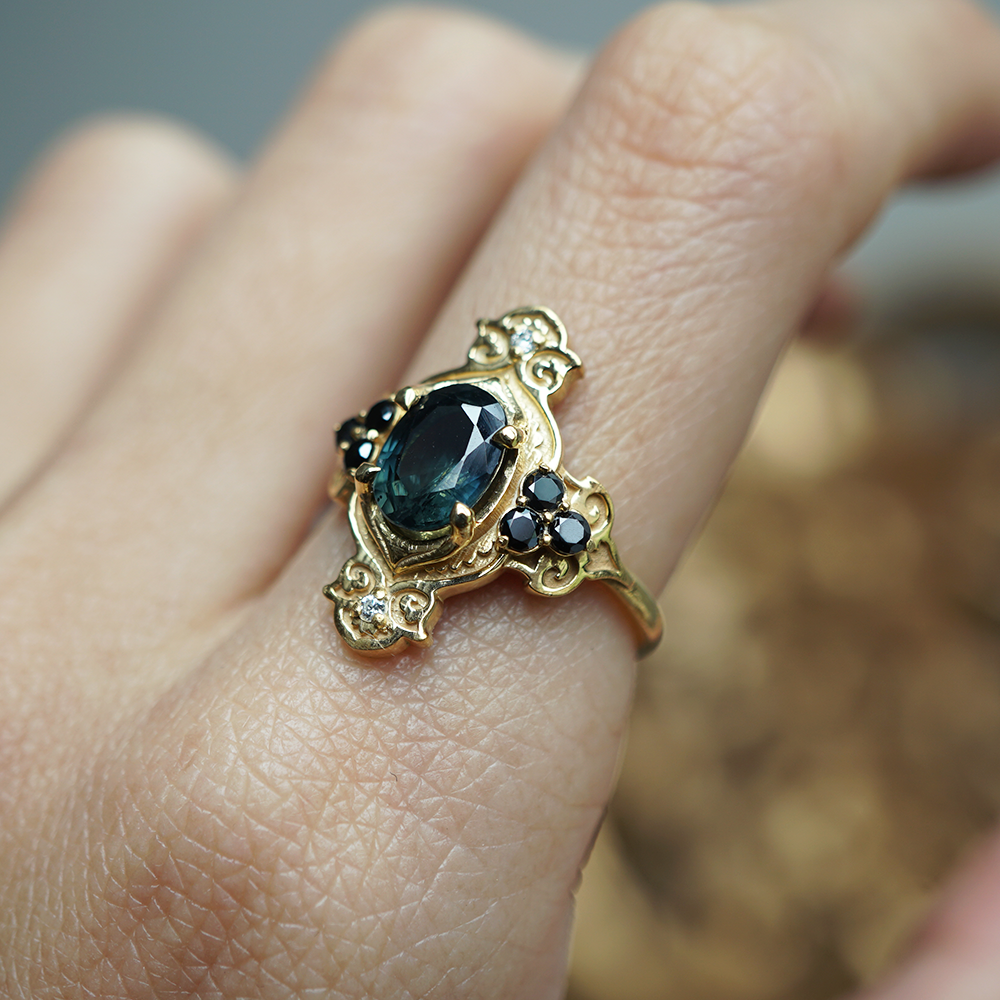 Limited Edition: Teal Sapphire Sands of Time Black Diamond Ring in 14K and 18K Gold