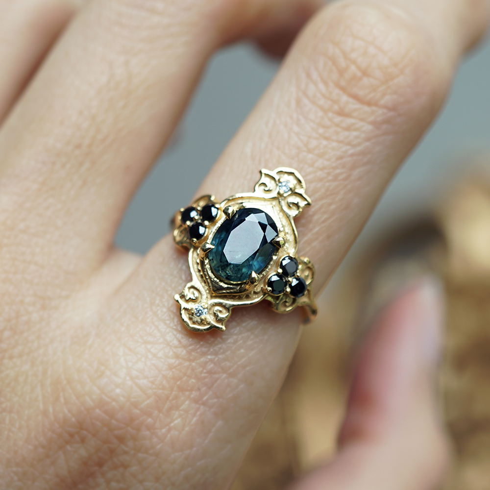 Limited Edition: Teal Sapphire Sands of Time Black Diamond Ring in 14K and 18K Gold