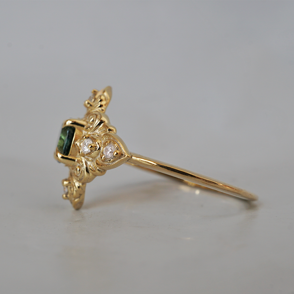 Teal Tourmaline Cypress Diamond Ring in 14K and 18K Gold