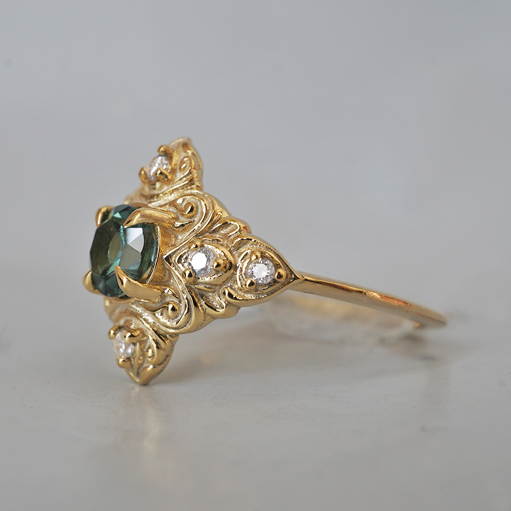 Teal Tourmaline Cypress Diamond Ring in 14K and 18K Gold