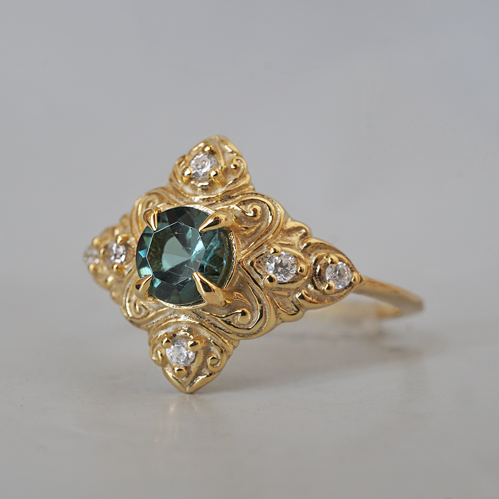 Teal Tourmaline Cypress Diamond Ring in 14K and 18K Gold