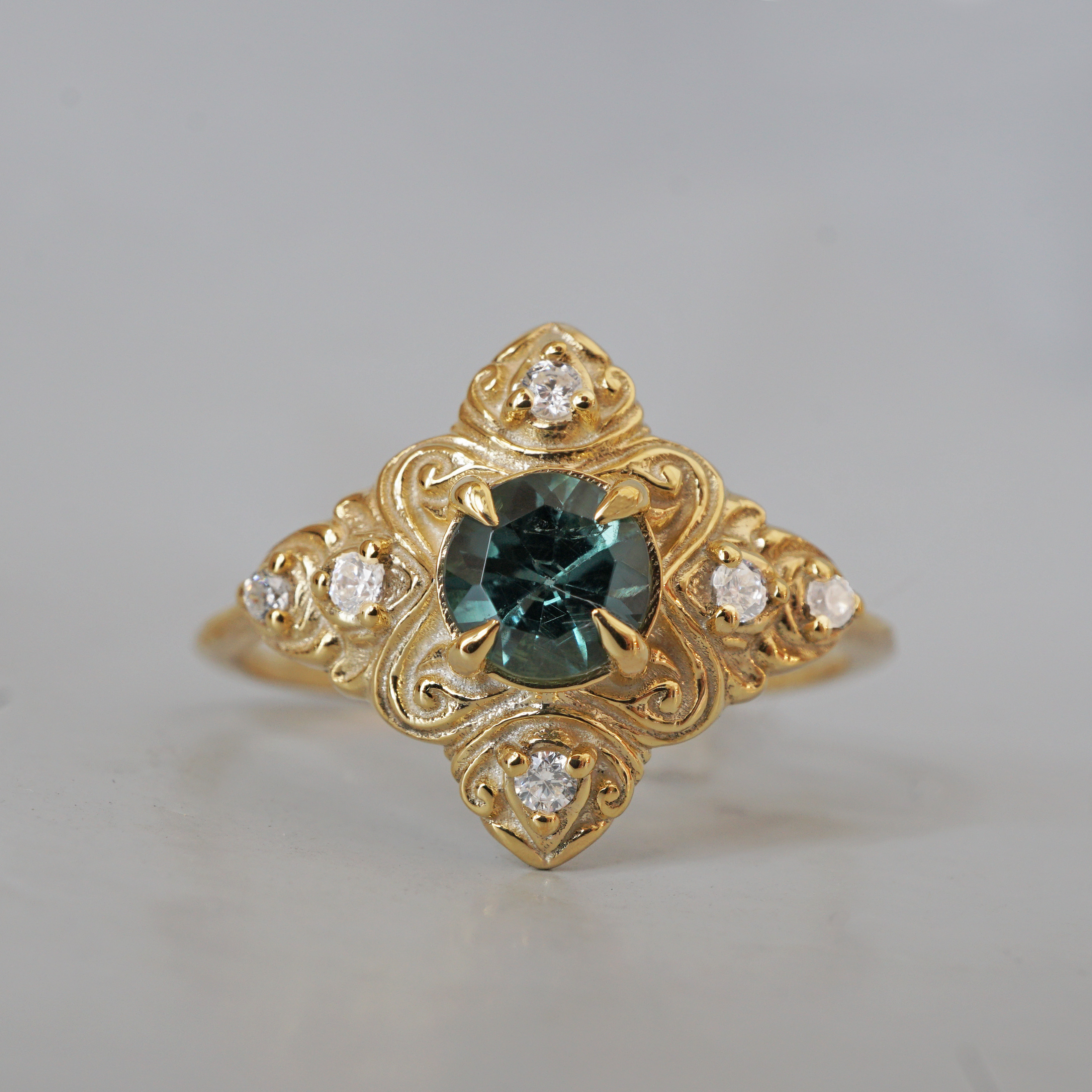 Teal Tourmaline Cypress Diamond Ring in 14K and 18K Gold