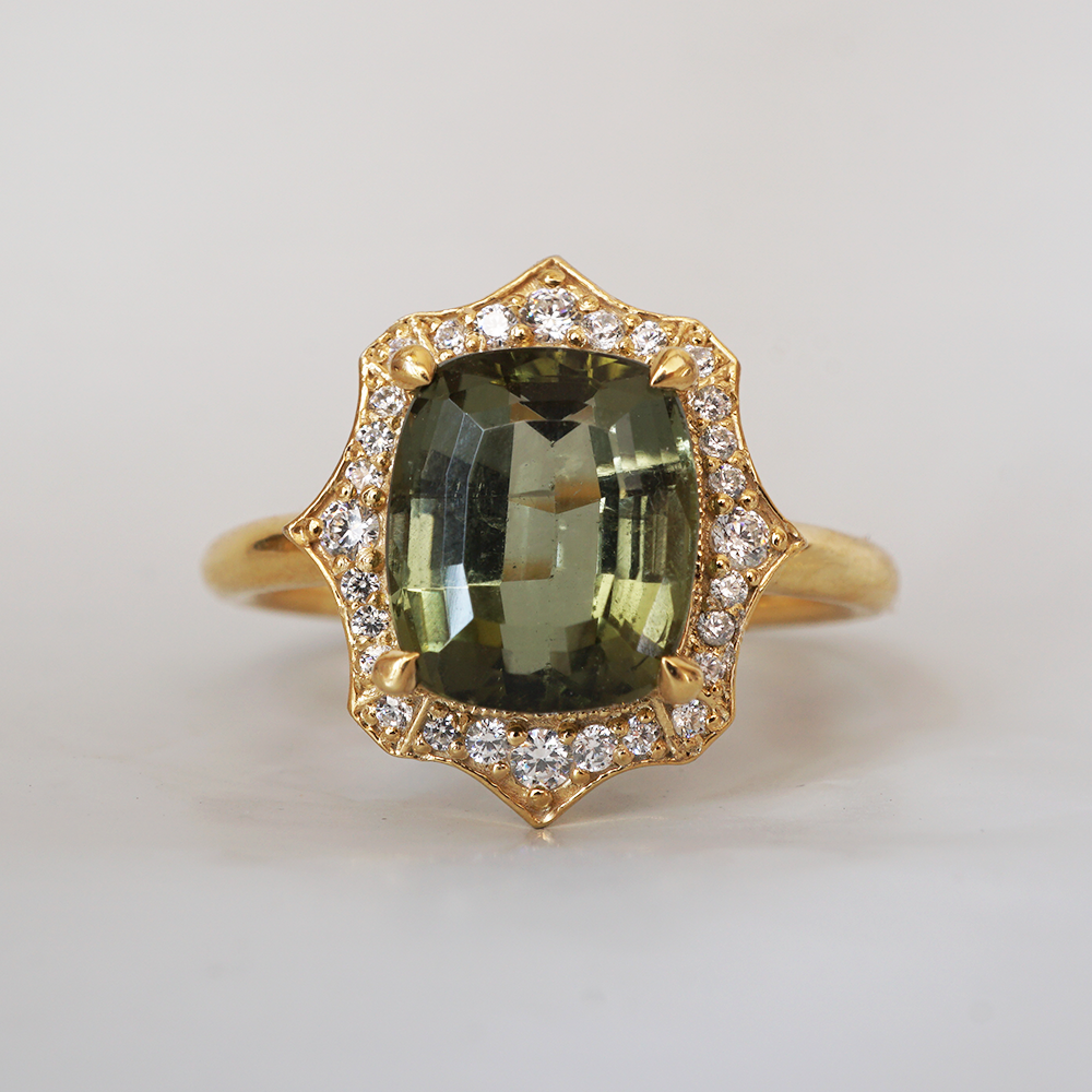 One Of A Kind: Green Tourmaline Verdant Crown Diamond Ring in 14K and 18K Gold