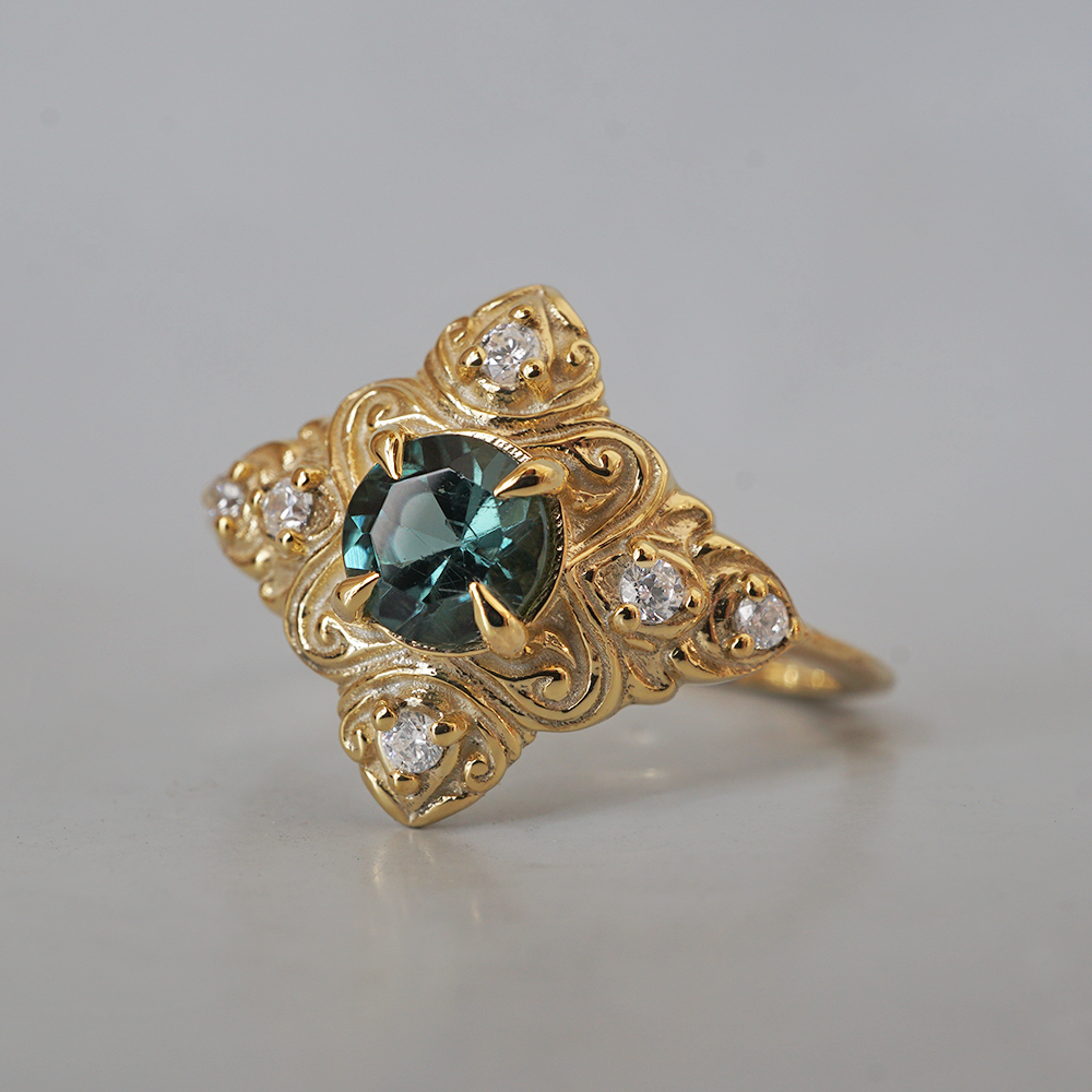 Teal Tourmaline Cypress Diamond Ring in 14K and 18K Gold