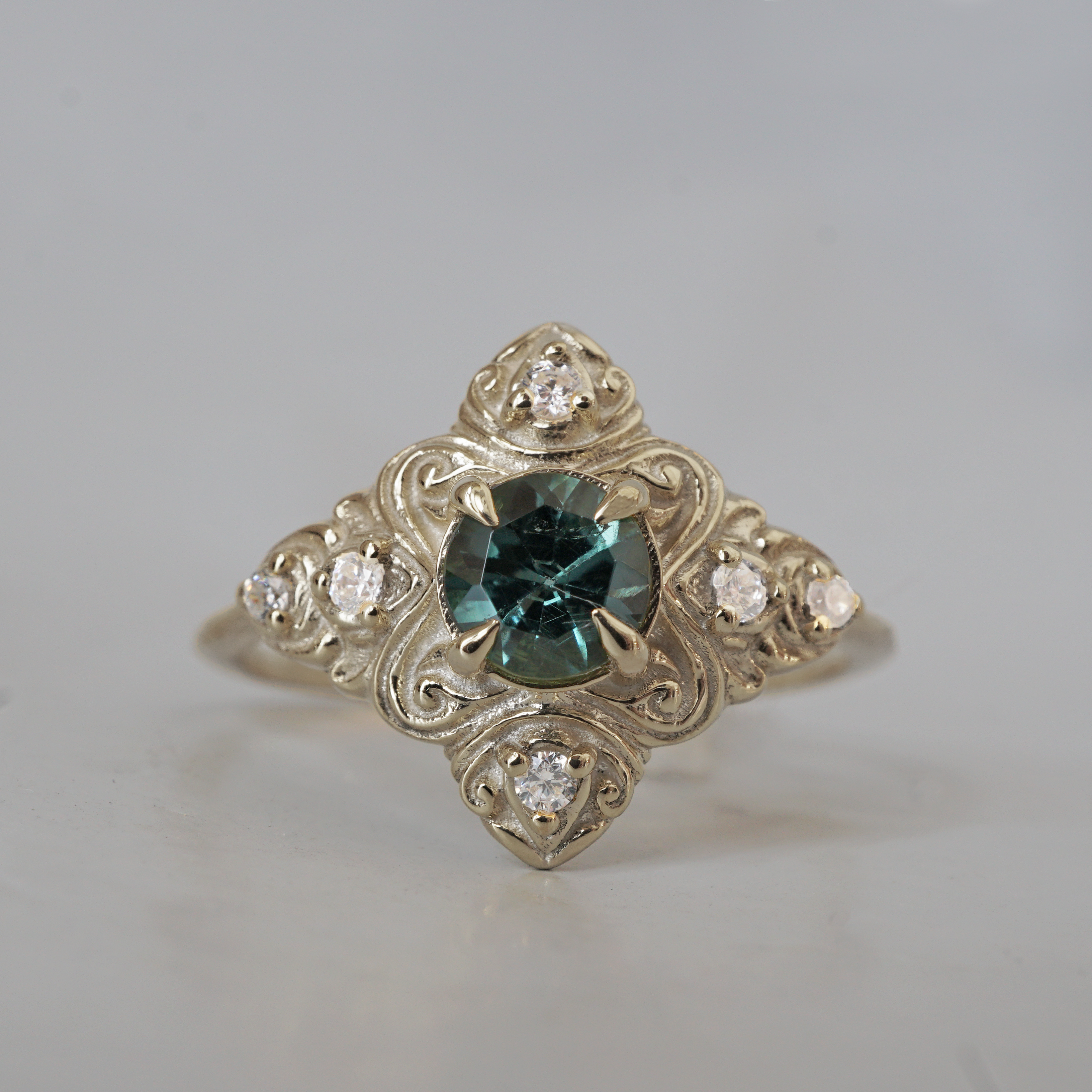 Teal Tourmaline Cypress Diamond Ring in 14K and 18K Gold