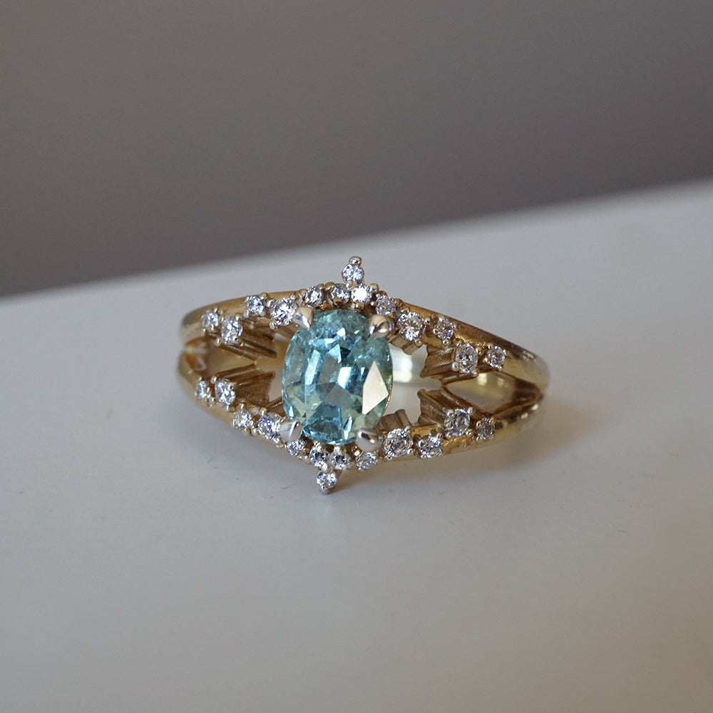 One Of A Kind: Celestial Seafoam Tourmaline Diamond Ring in 14K and 18K Gold