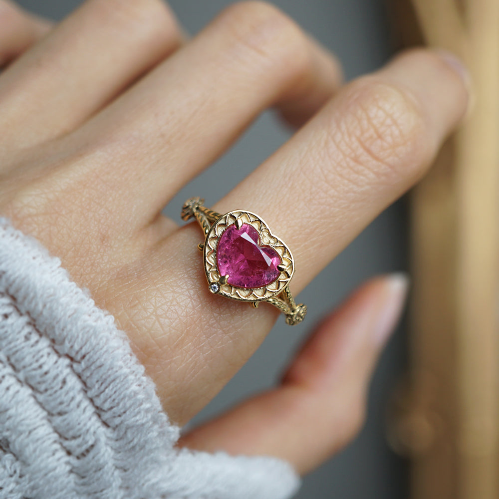 One Of A Kind: Gothic Pink Tourmaline Heart Ring in 14K and 18K Gold