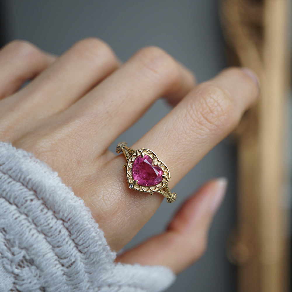 One Of A Kind: Gothic Pink Tourmaline Heart Ring in 14K and 18K Gold