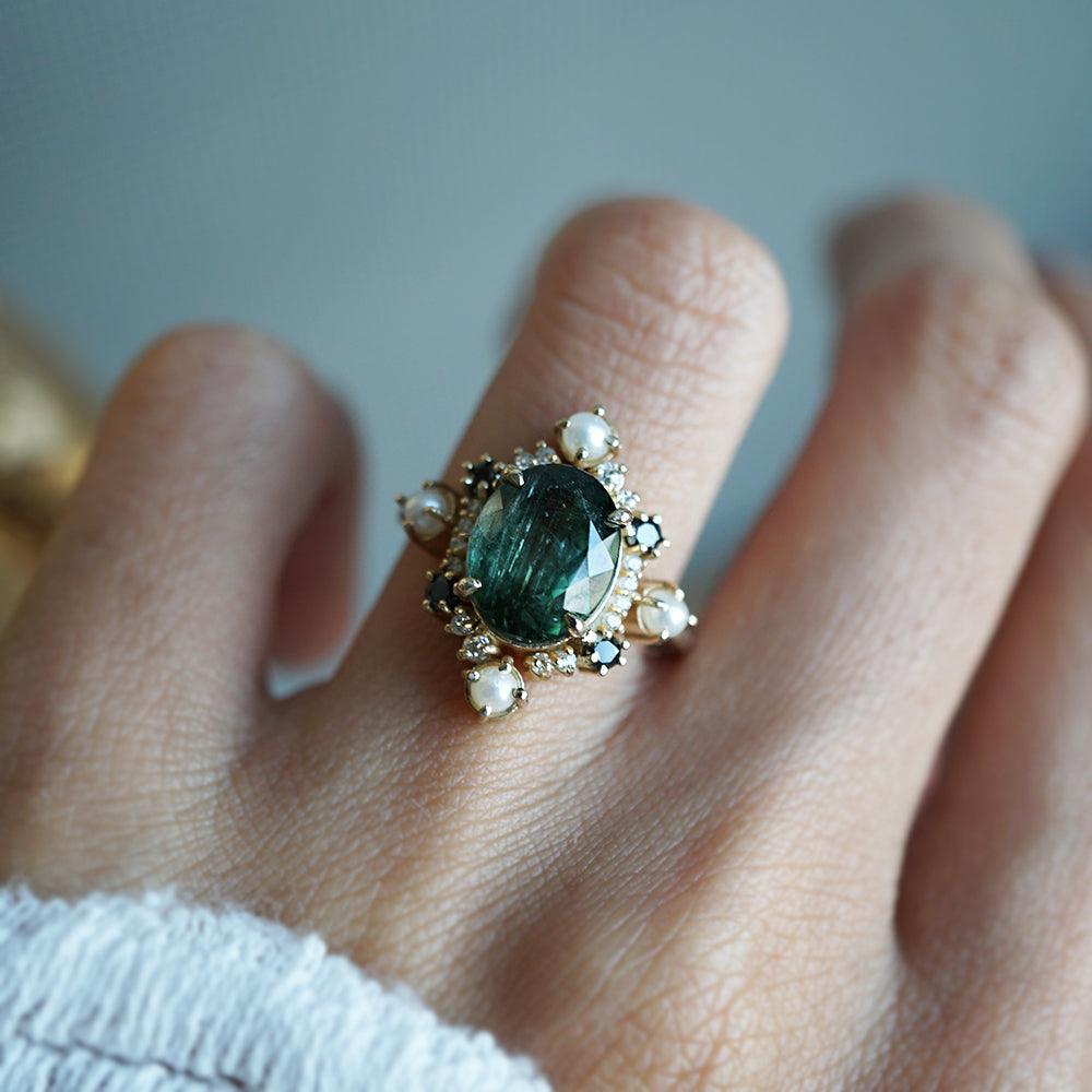 Limited Edition: Green Tourmaline Elsa Black & White Diamond Pearl Ring - Tippy Taste Jewelry