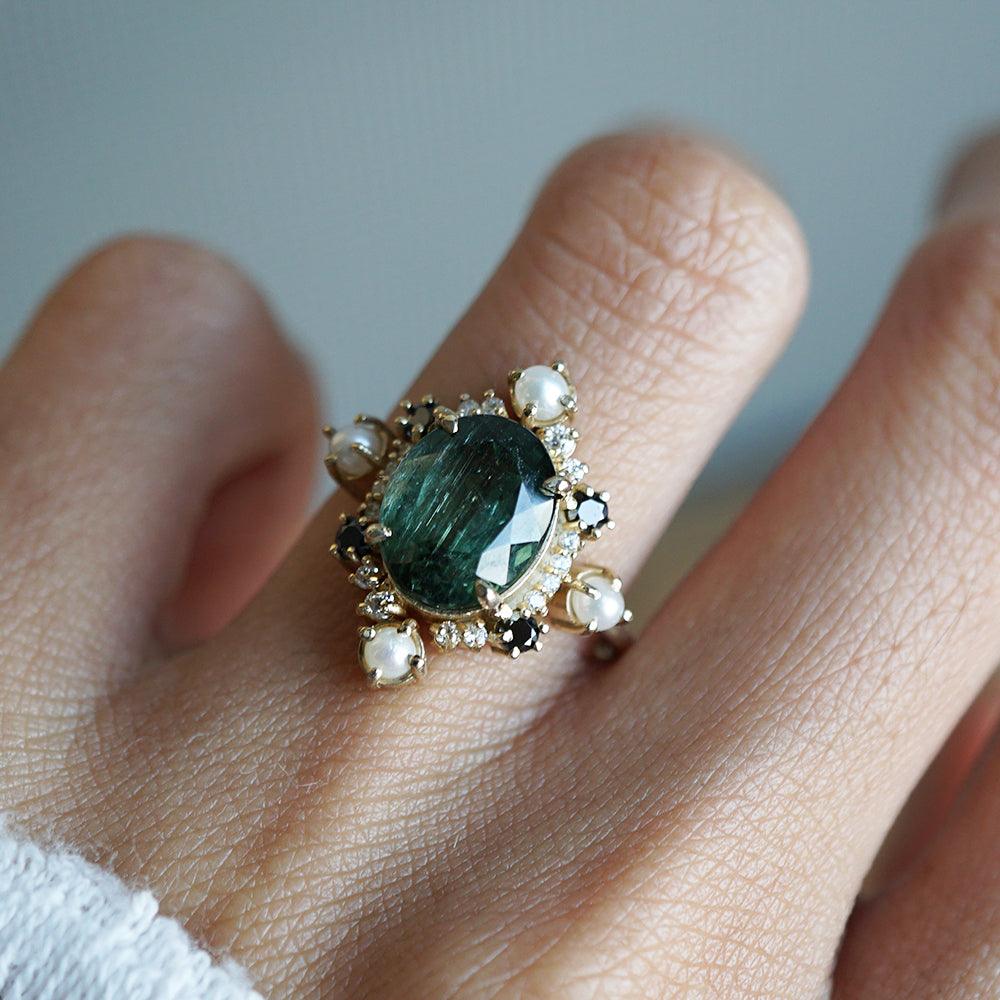 Limited Edition: Green Tourmaline Elsa Black & White Diamond Pearl Ring - Tippy Taste Jewelry