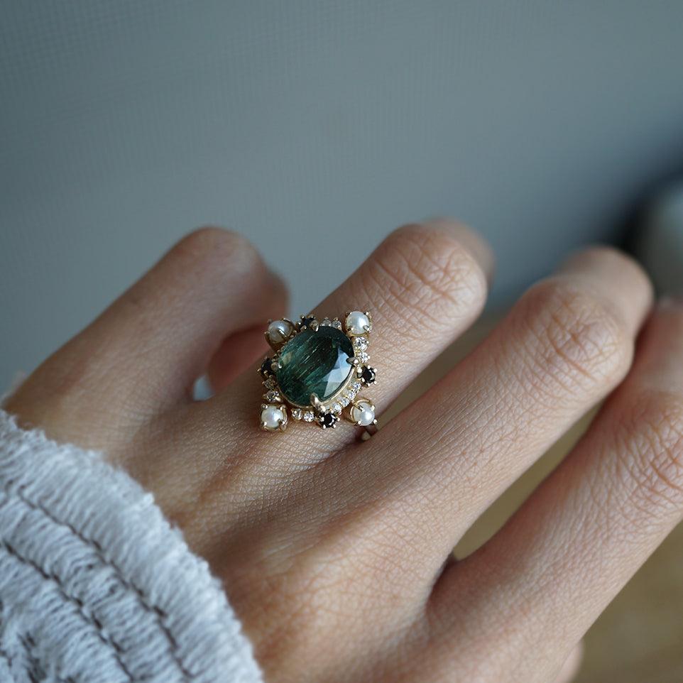 Limited Edition: Green Tourmaline Elsa Black & White Diamond Pearl Ring - Tippy Taste Jewelry