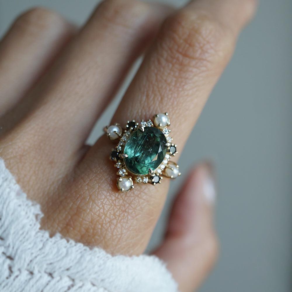 Limited Edition: Green Tourmaline Elsa Black & White Diamond Pearl Ring - Tippy Taste Jewelry