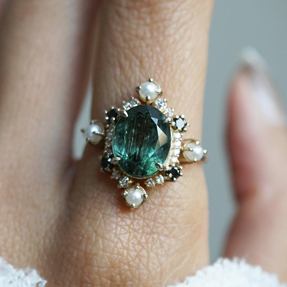 Limited Edition: Green Tourmaline Elsa Black & White Diamond Pearl Ring - Tippy Taste Jewelry