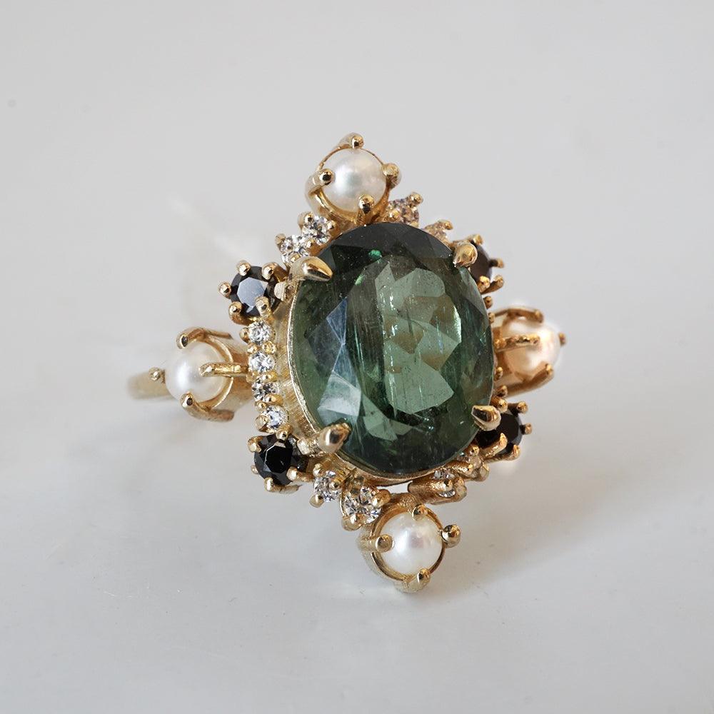 Limited Edition: Green Tourmaline Elsa Black & White Diamond Pearl Ring - Tippy Taste Jewelry