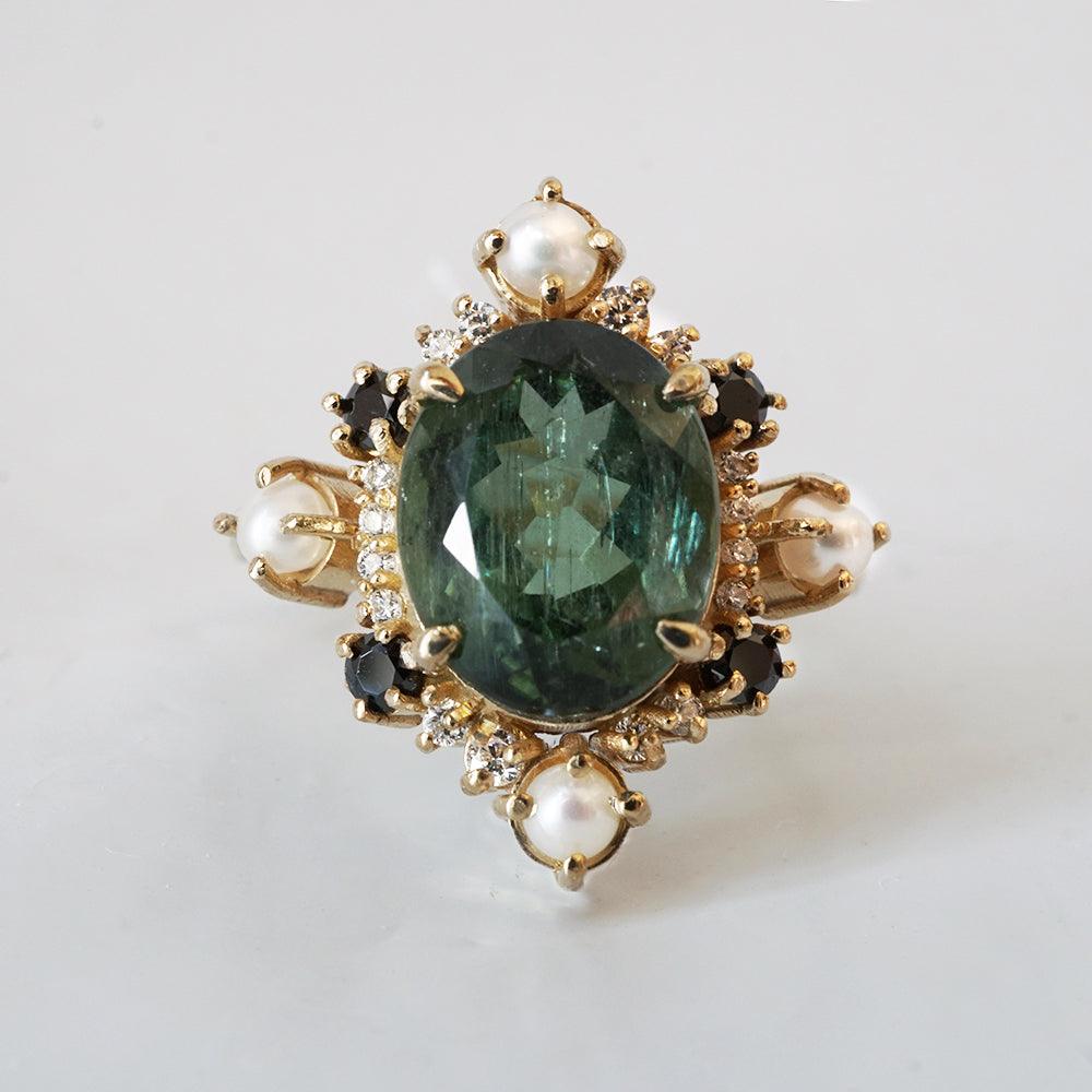 Limited Edition: Green Tourmaline Elsa Black & White Diamond Pearl Ring - Tippy Taste Jewelry