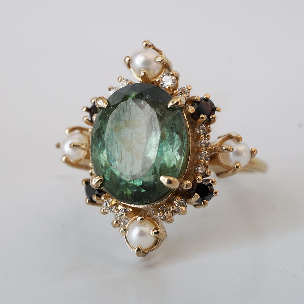 Limited Edition: Green Tourmaline Elsa Black & White Diamond Pearl Ring - Tippy Taste Jewelry