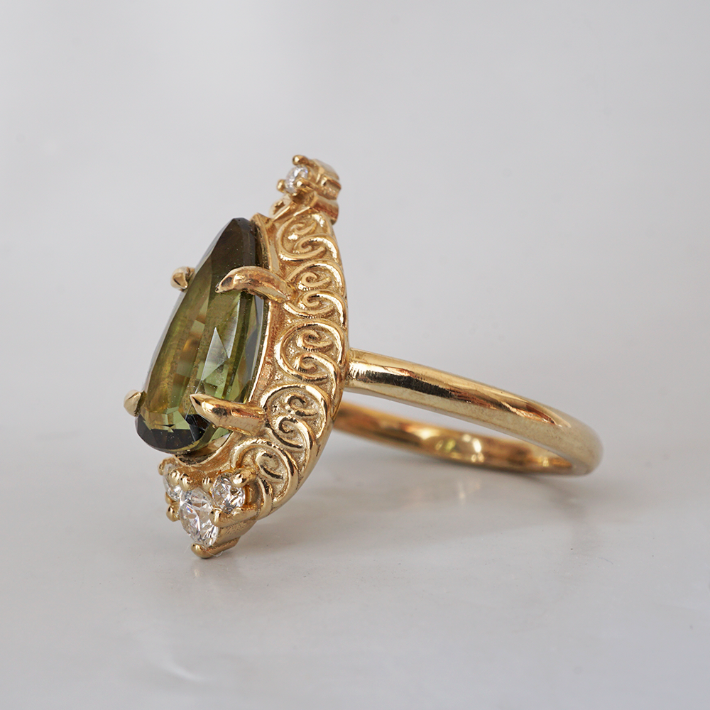 Olive Green Tourmaline Mosque Diamond Ring in 14K and 18K Gold