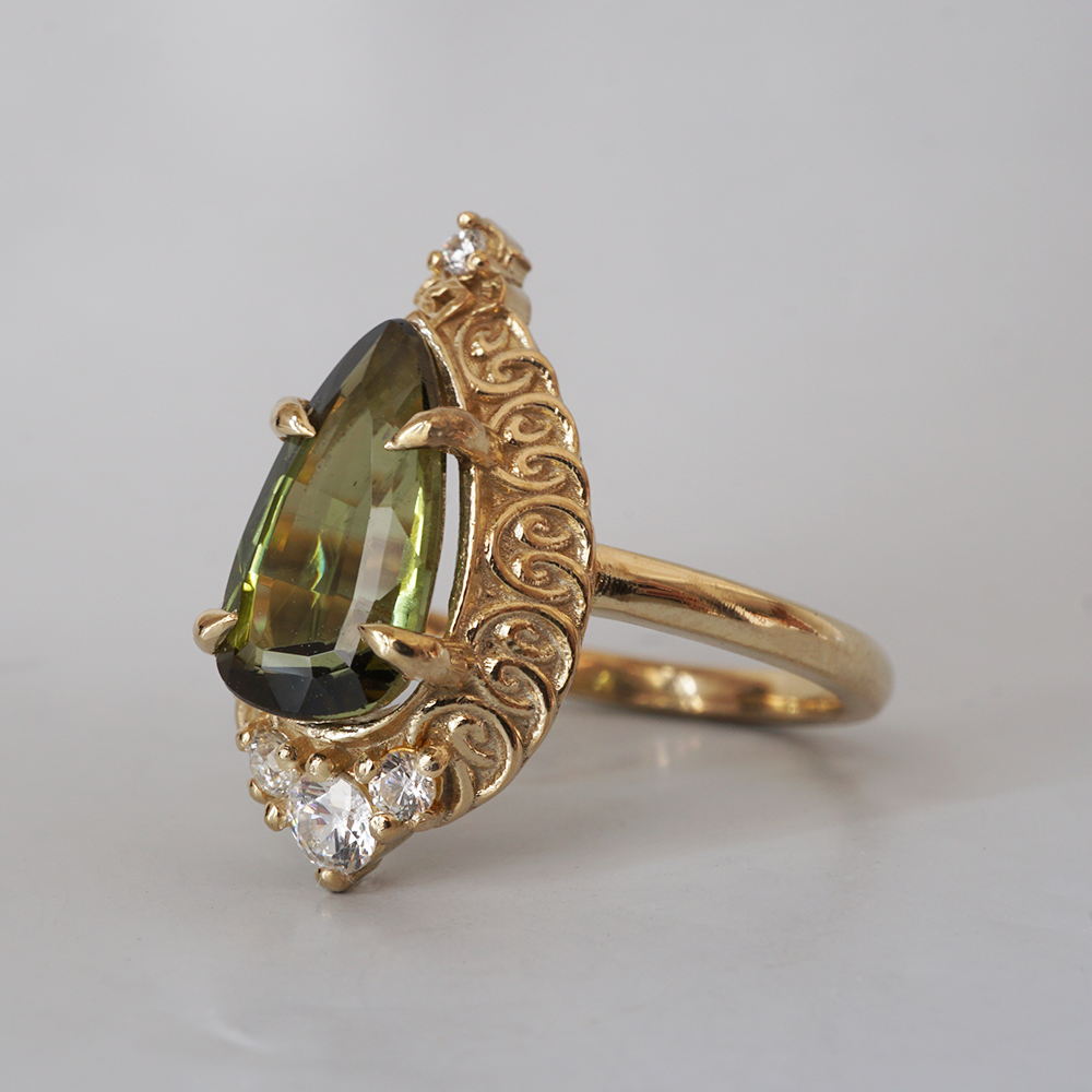 Olive Green Tourmaline Mosque Diamond Ring in 14K and 18K Gold