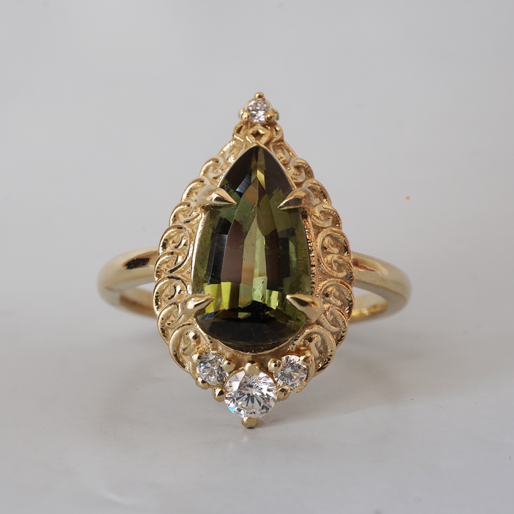 Olive Green Tourmaline Mosque Diamond Ring in 14K and 18K Gold