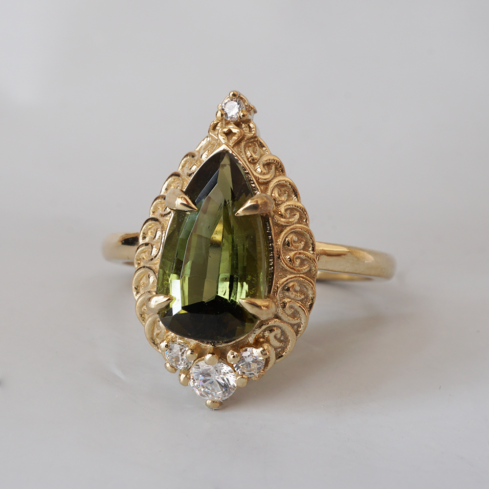 Olive Green Tourmaline Mosque Diamond Ring in 14K and 18K Gold