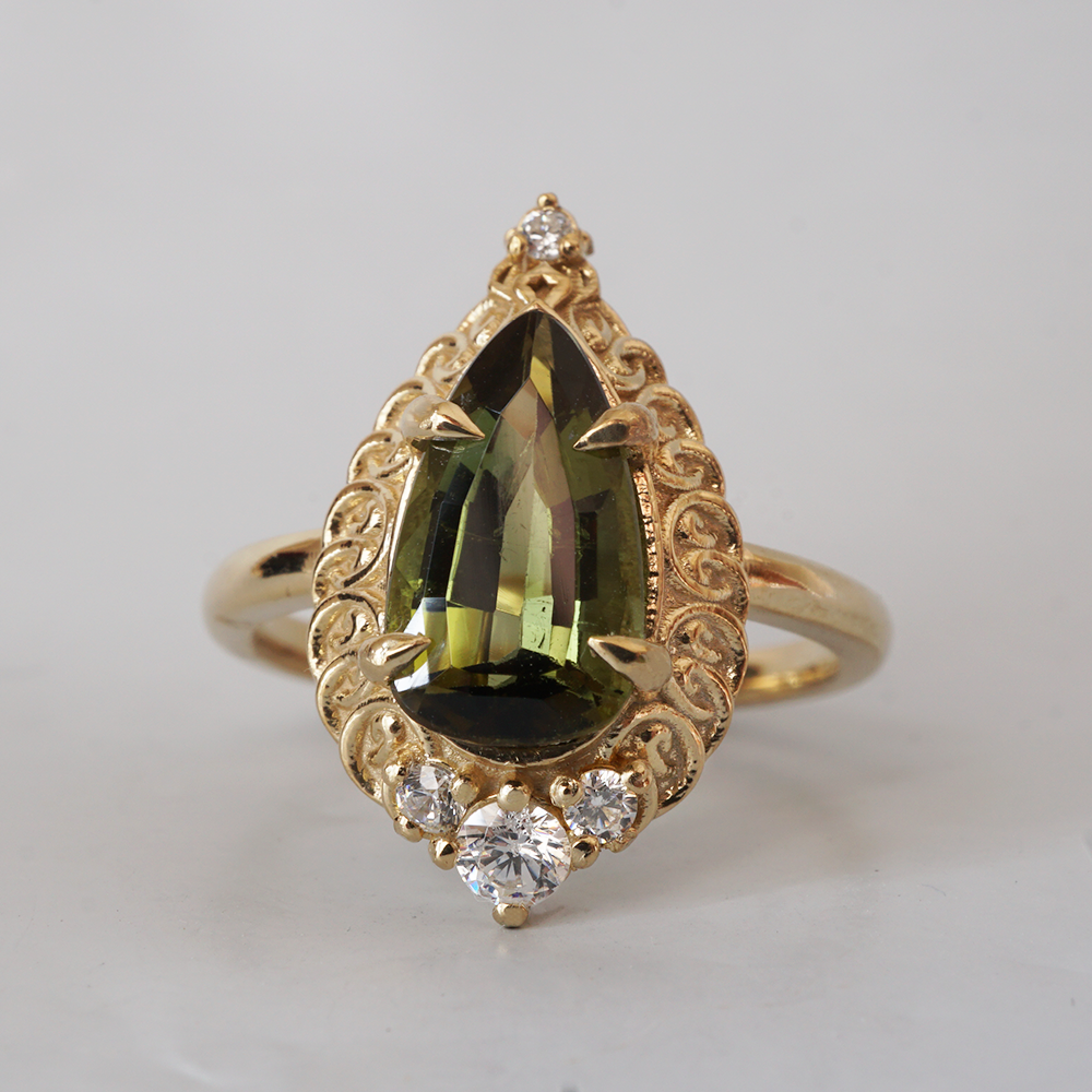 Olive Green Tourmaline Mosque Diamond Ring in 14K and 18K Gold