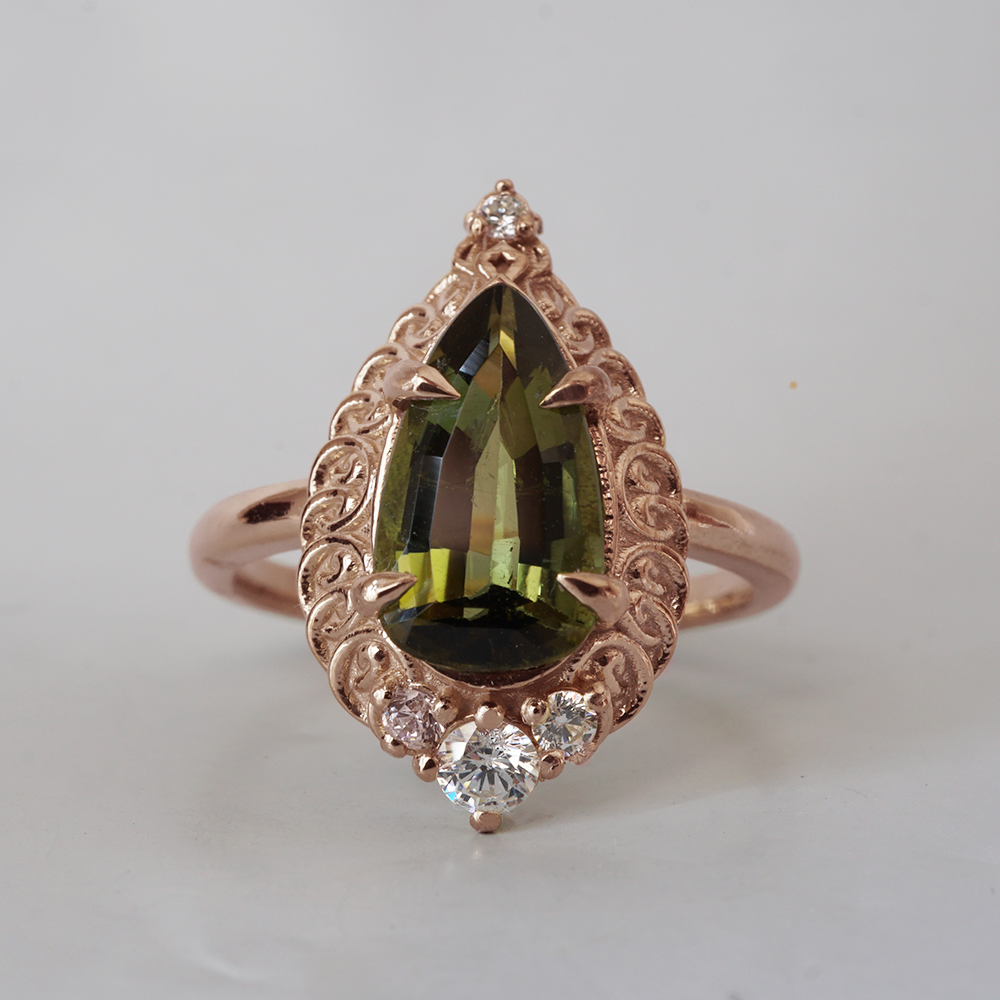 Olive Green Tourmaline Mosque Diamond Ring in 14K and 18K Gold