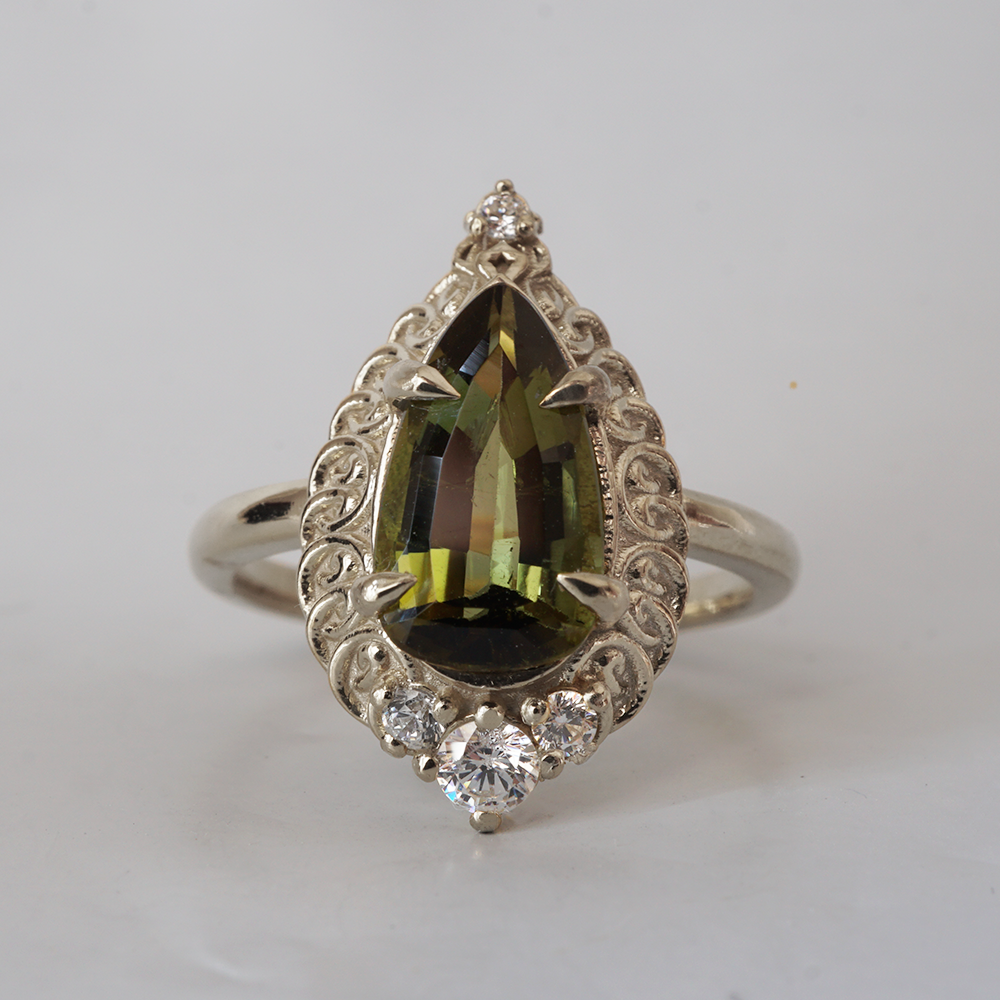 Olive Green Tourmaline Mosque Diamond Ring in 14K and 18K Gold