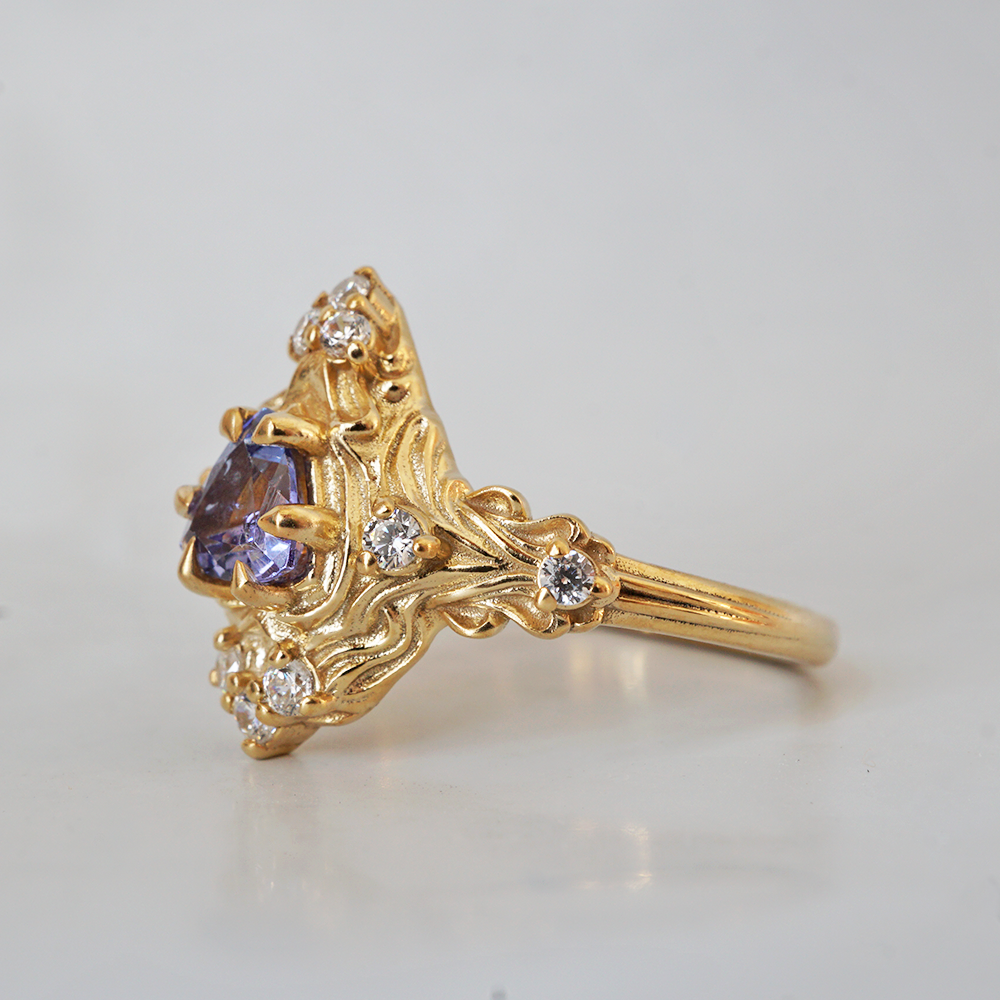 One Of A Kind: Trillion Tanzanite Nature Diamond Ring in 14K and 18K Gold