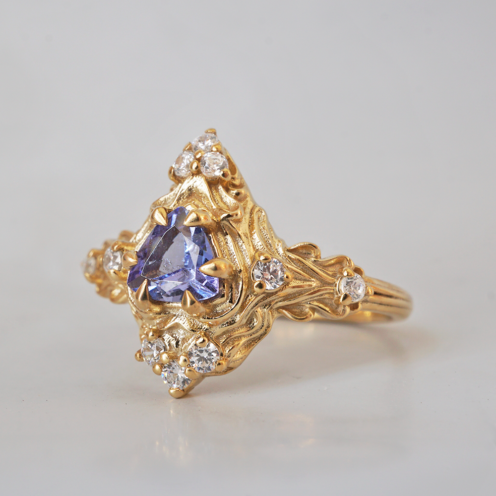 One Of A Kind: Trillion Tanzanite Nature Diamond Ring in 14K and 18K Gold