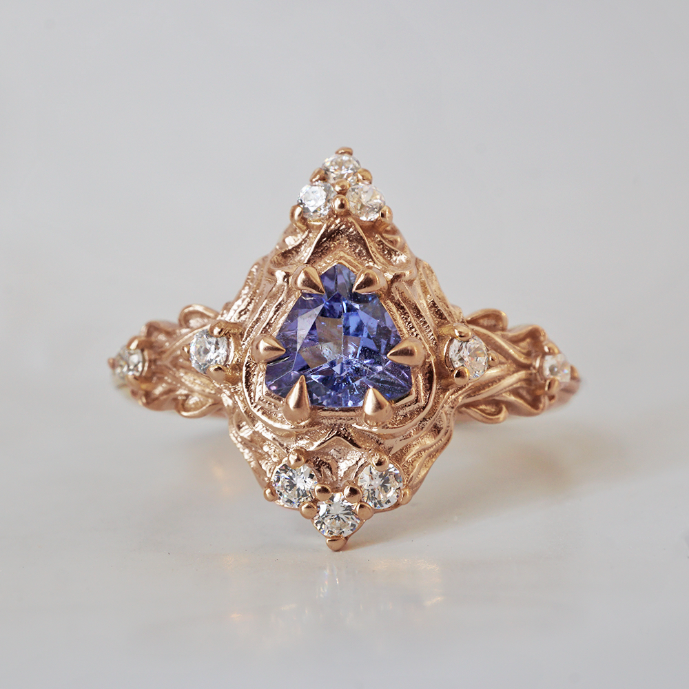 One Of A Kind: Trillion Tanzanite Nature Diamond Ring in 14K and 18K Gold