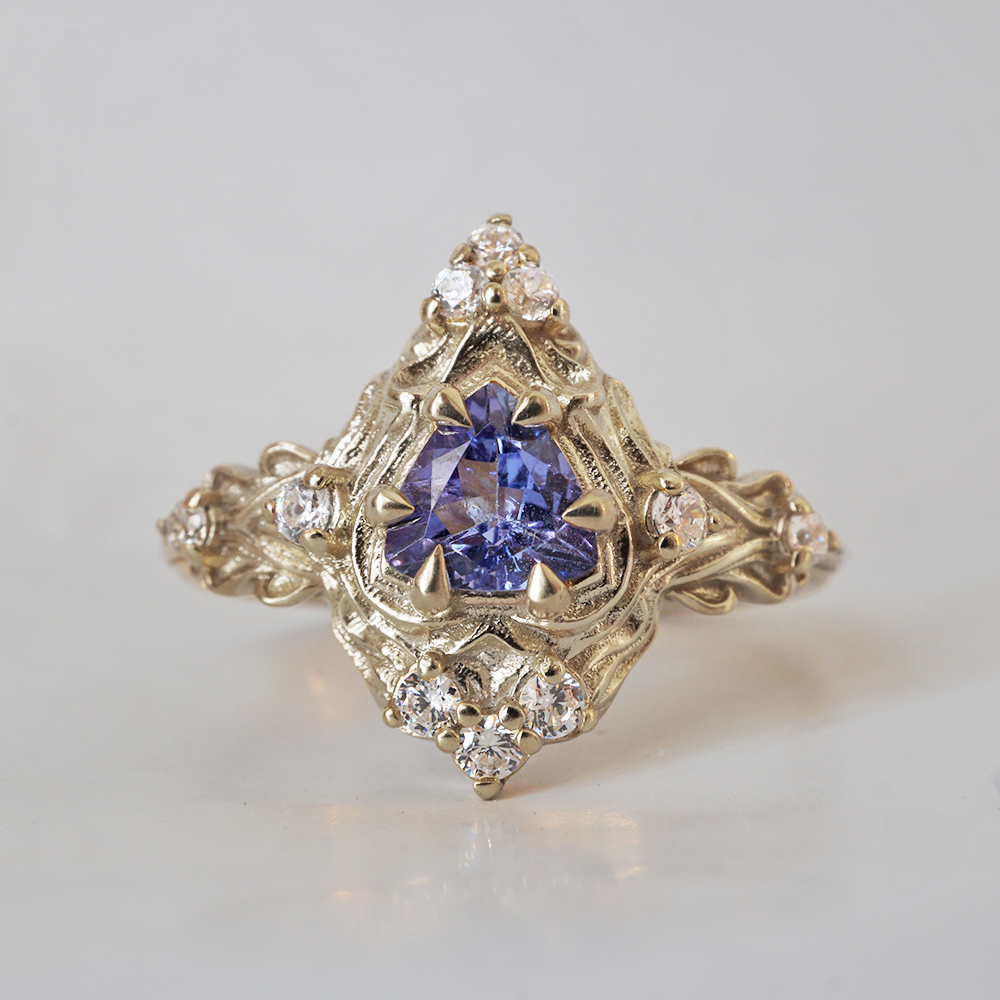 One Of A Kind: Trillion Tanzanite Nature Diamond Ring in 14K and 18K Gold