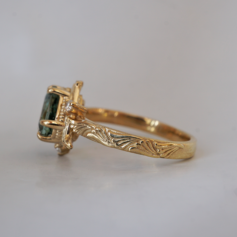 One Of A Kind: Trillion Green Tourmaline Gardenia Diamond Ring in 14K and 18K Gold